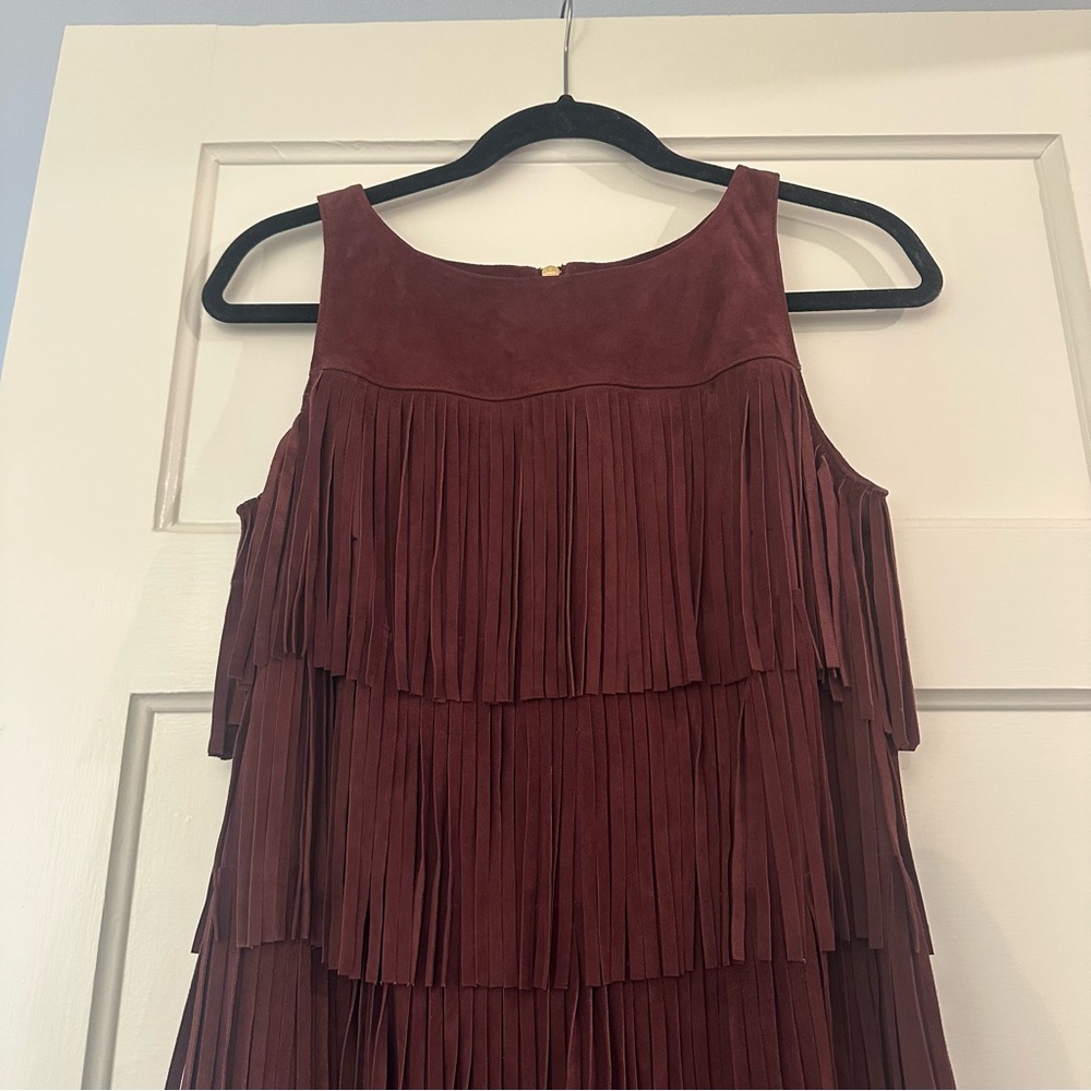 Olivia Palermo+Chelsea 28 Fringe Suede Leather Mini Dress XS Burgundy/Wine EUC - Picture 4 of 13